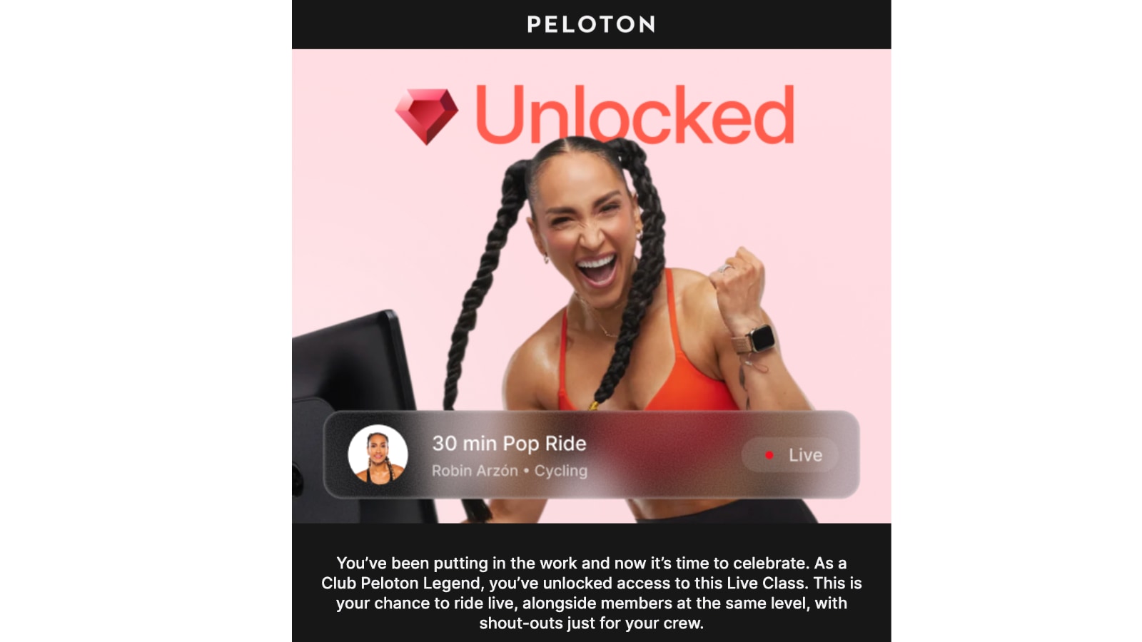 Emails sent about the Club Peloton Live class for Legend members.