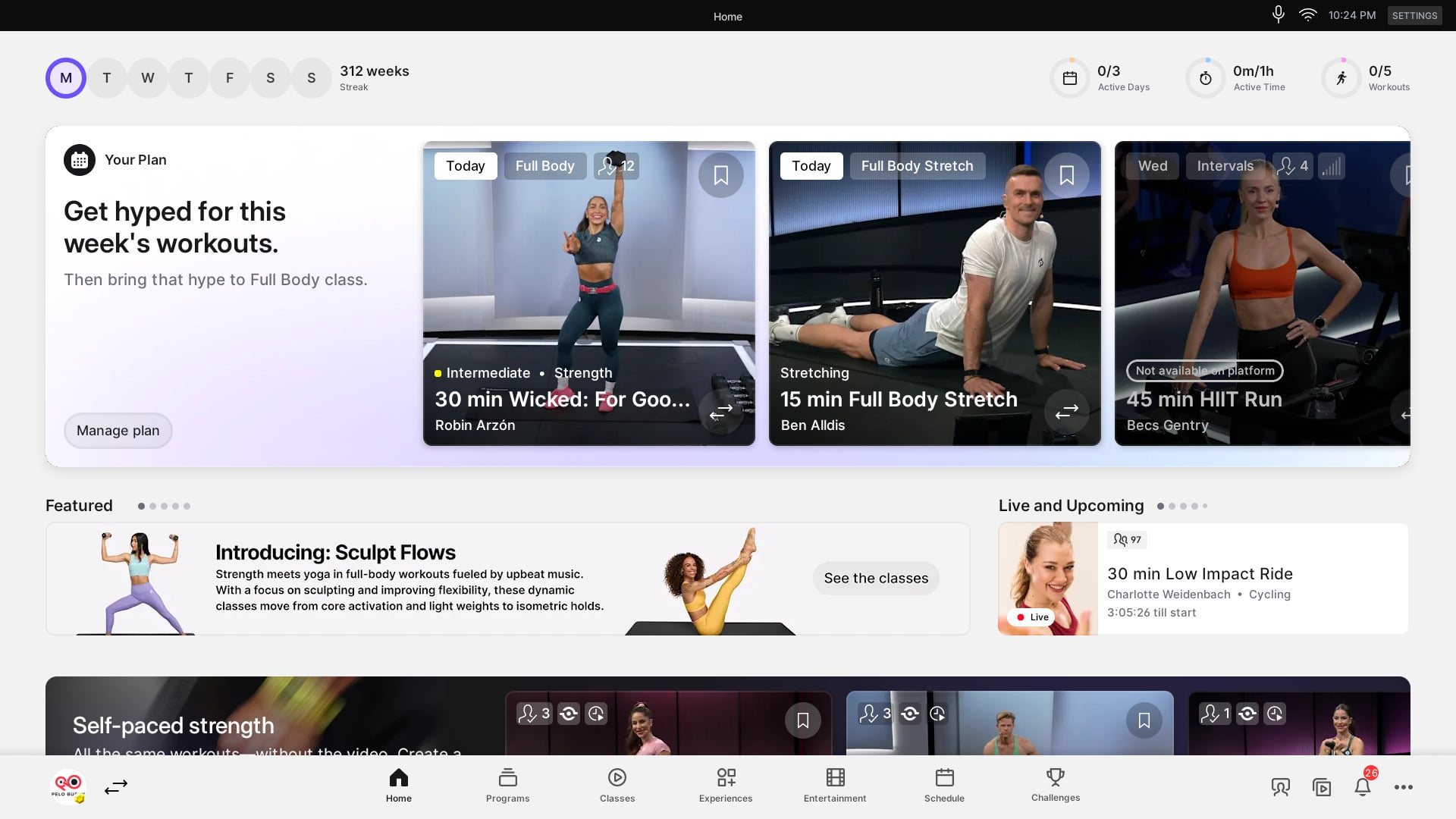 Home screen of Peloton Bike with new light mode enabled.