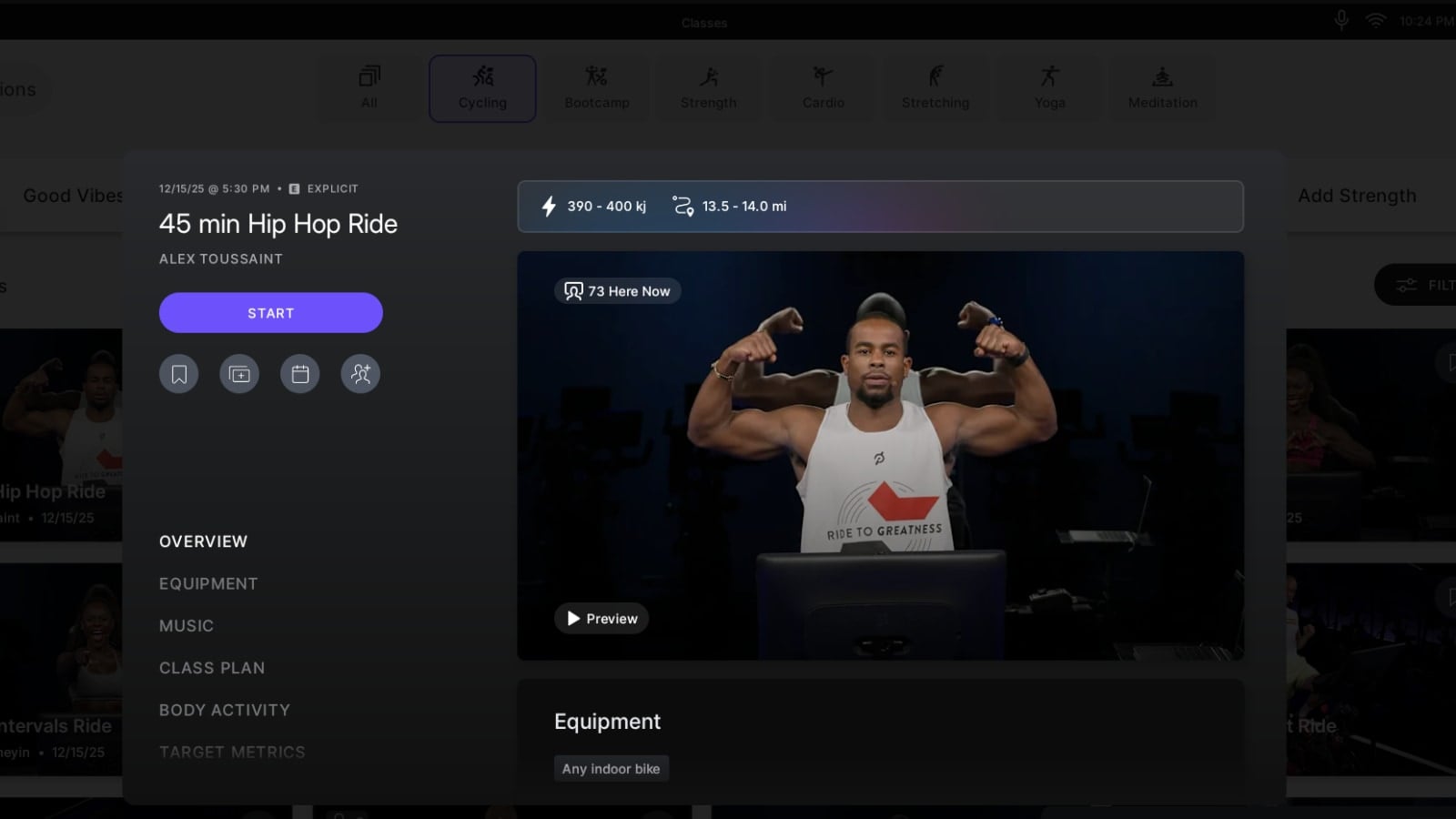 Modal before starting a class in light mode on a Peloton bike.