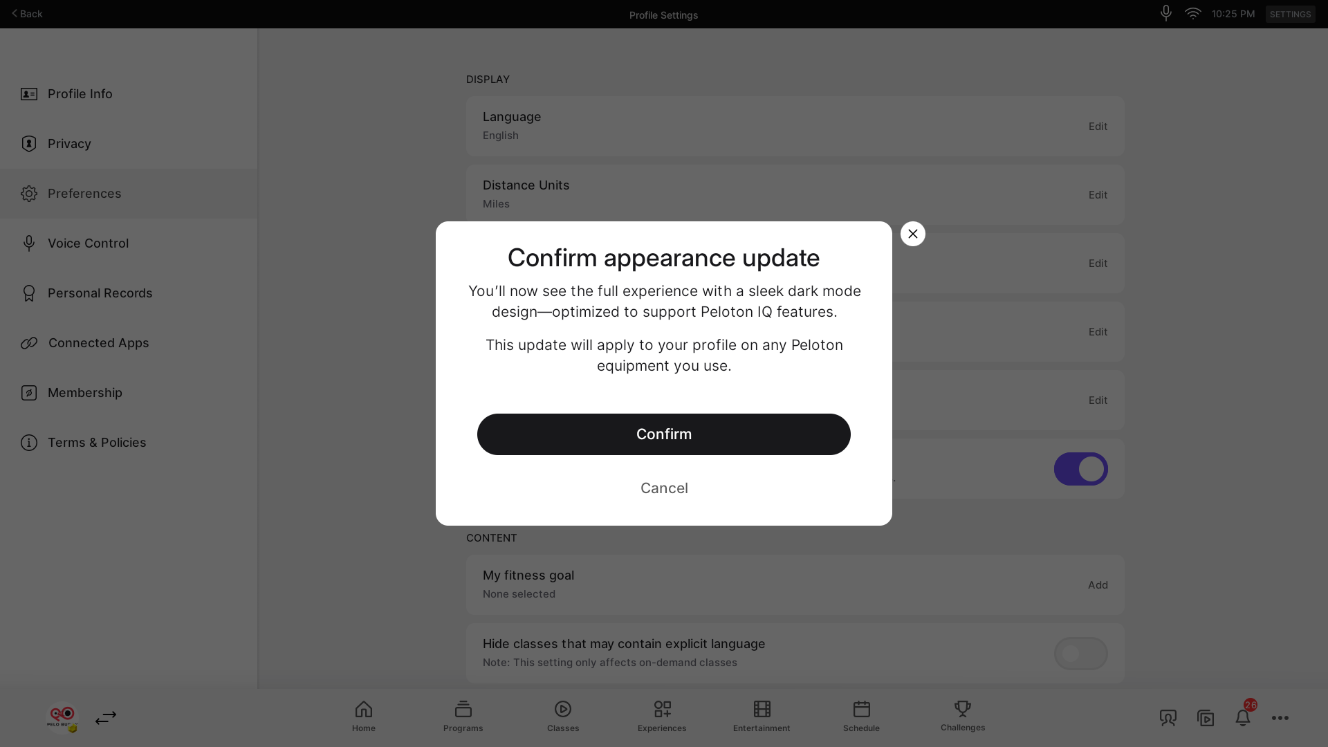 New Light Mode preference on Peloton hardware devices.