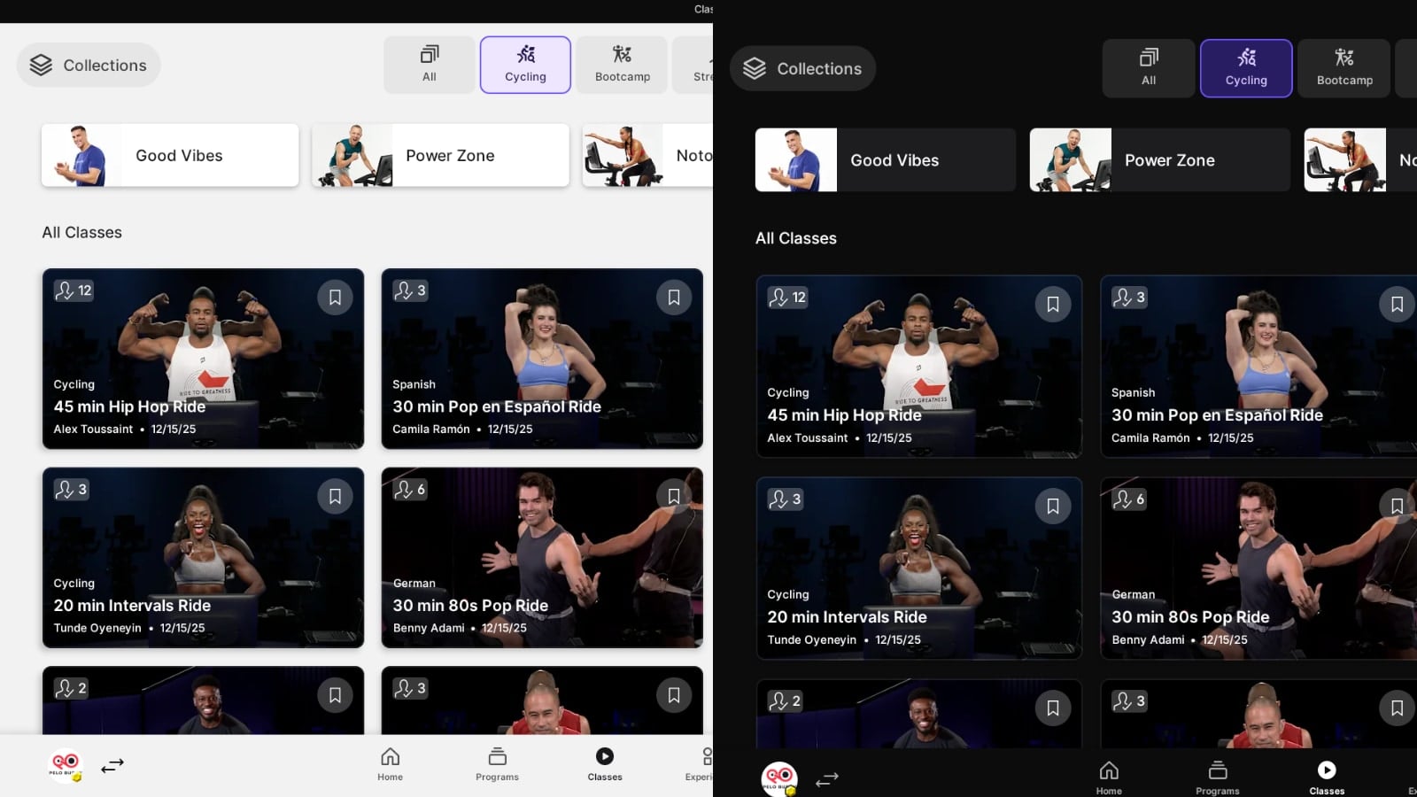 Class library in light mode on the left, and in dark mode on the right.