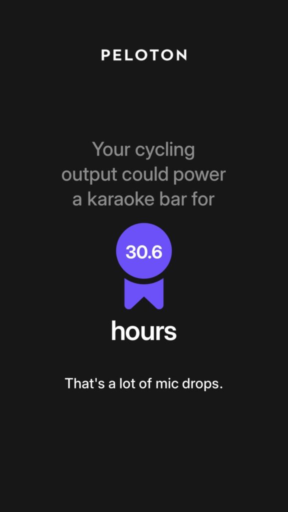 Comparing cycling output to powering a karaoke bar in Peloton Victory Lap.