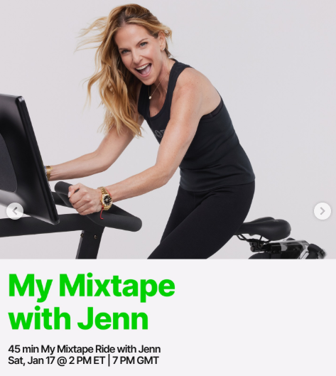 Jenn will teach a live 45 minute My Mixtape Ride this week. Image credit Peloton social media.