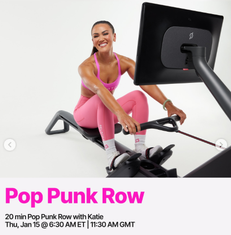 Katie will teach a live 20 minute Pop Punk Row this week. Image credit Peloton social media.