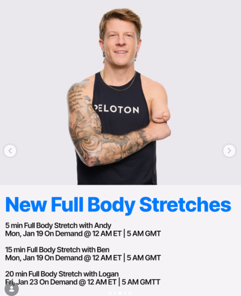 Three Full Body Stretches will drop on demand this week. Image credit Peloton social media.
