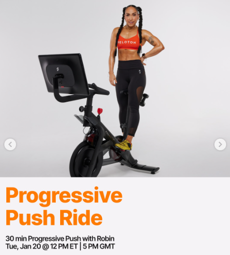 Robin will teach a live Progressive Push Ride this week. Image credit Peloton social media.