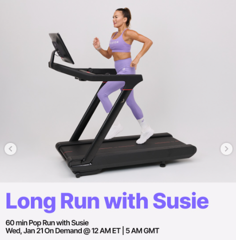 A 60 minute Long Run with Susie will drop on demand this week. Image credit Peloton social media.
