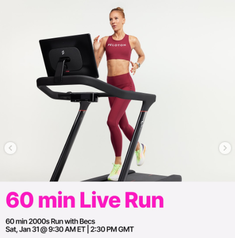 Becs will teach a live 60 minute 2000s Run this week. Image credit Peloton social media.