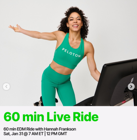 Hannah Frankson will teach a live 60 minute EDM Ride this week. Image credit Peloton social media.