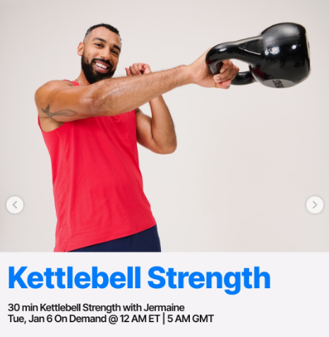 A new Kettlebell Strength from Jermaine will drop on demand this week. Image credit Peloton social media.