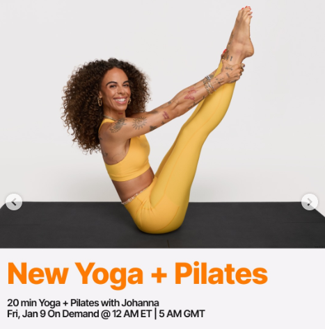 A new Yoga + Pilates from Johanna will drop on demand this week. Image credit Peloton social media.
