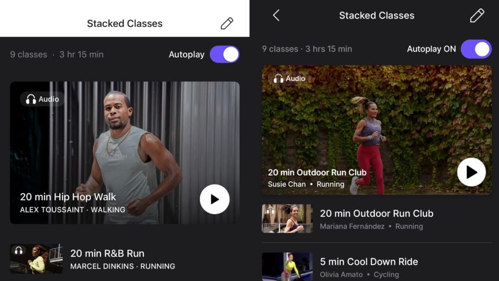 Peloton autoplay feature for stacks on iOS (left) and Android (right)