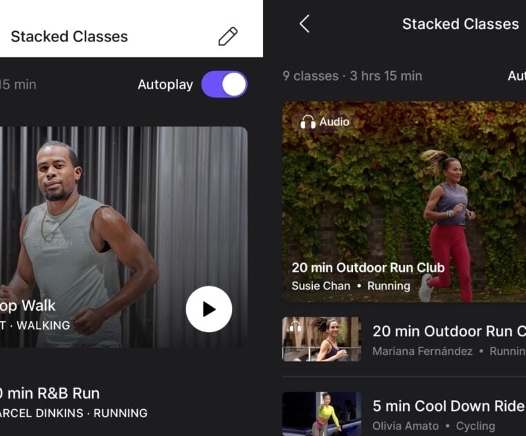 Peloton autoplay feature for stacks on iOS (left) and Android (right)