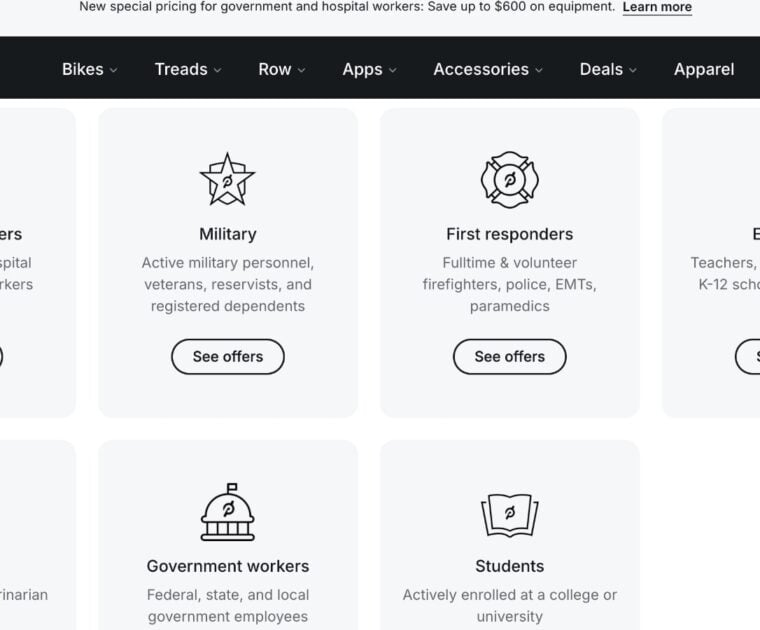 Peloton's Special Pricing page showing government workers and hospital administrative workers.