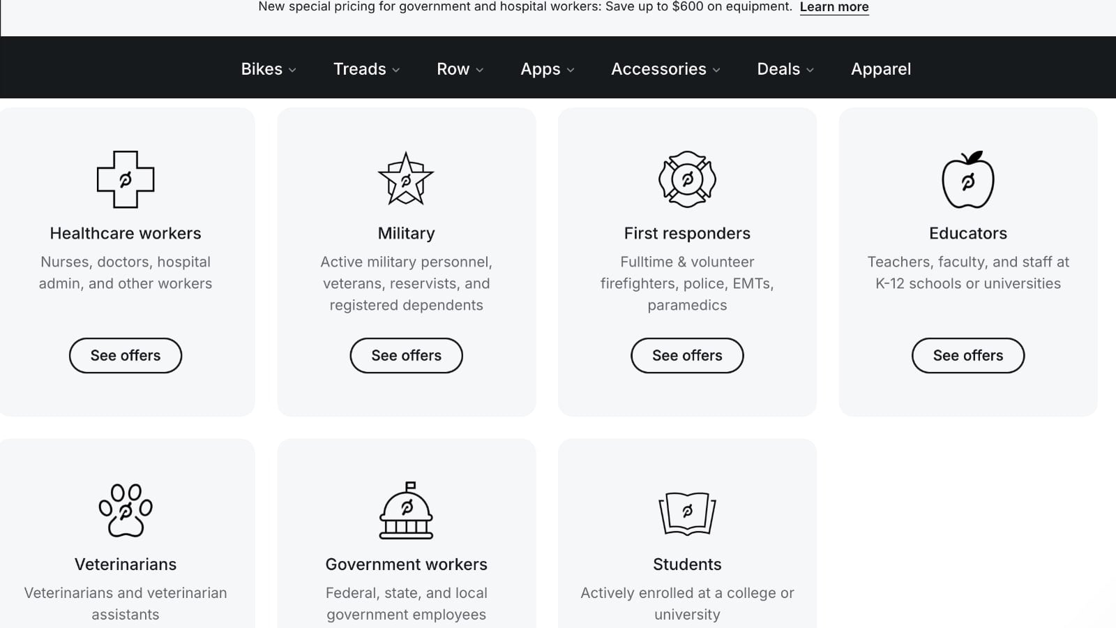 Peloton's Special Pricing page showing government workers and hospital administrative workers.