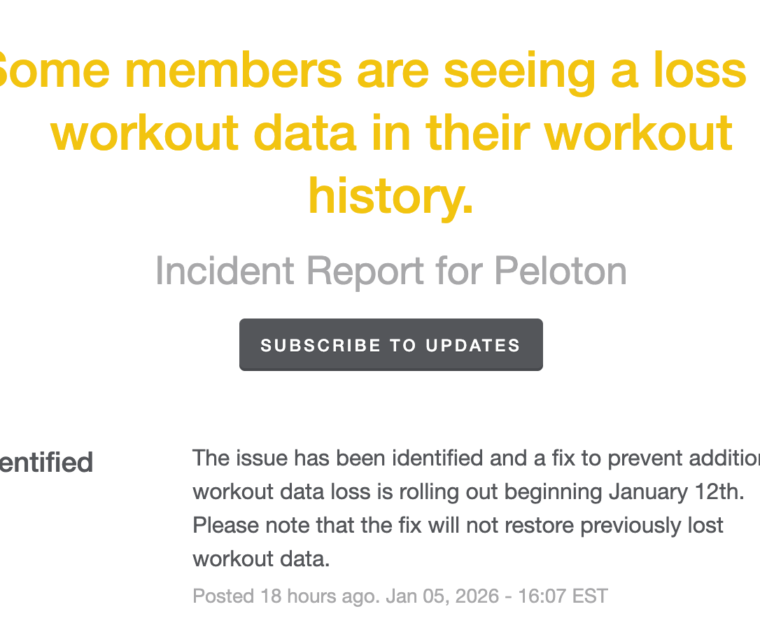 Peloton bug report about loss of workout data.