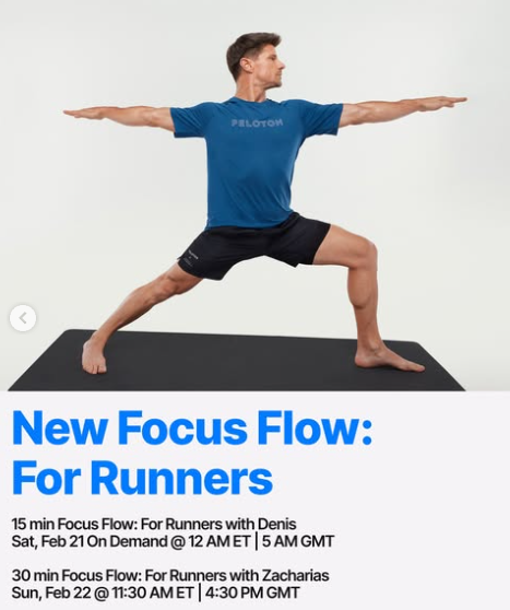 New Focus Flow: For Runners yoga classes will be live and on demand this week. Image credit Peloton social media.