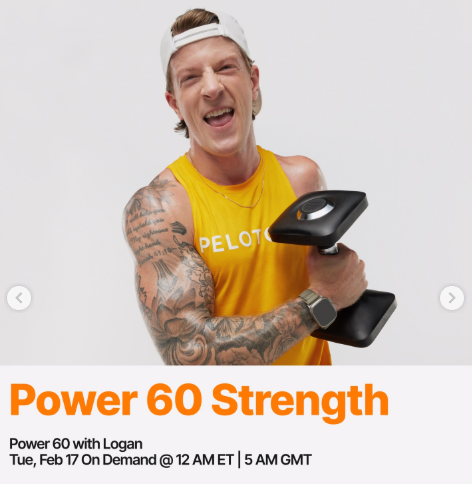 A new Power 60 full body strength with Logan will drop on demand this week. Image credit Peloton social media.