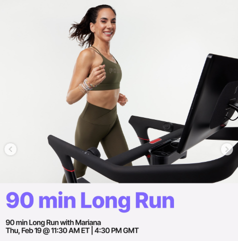 Mariana has a live 90 minute Long Run this week. Image credit Peloton social media.