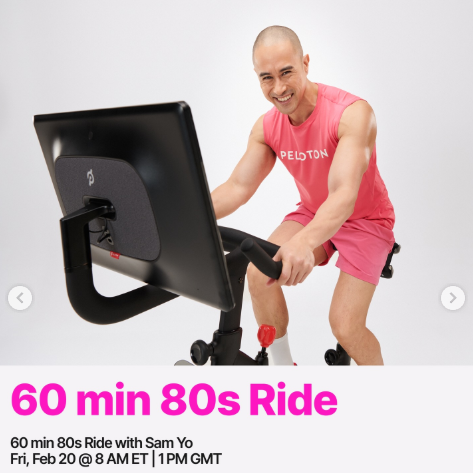 Sam has a live 60 minute 80s Ride this week. Image credit Peloton social media.