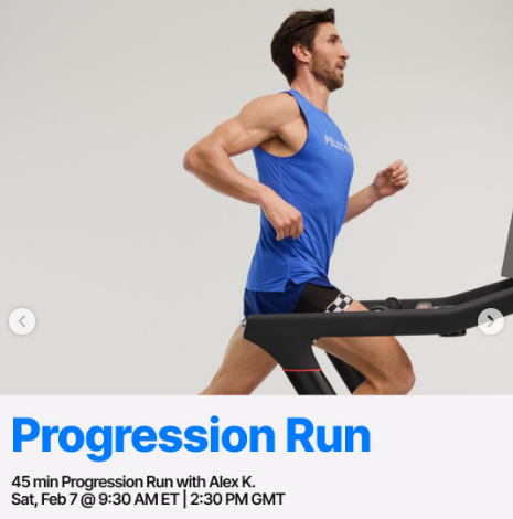 Alex K. has a 45 minute Progression Run with pace targets this week. Image credit Peloton social media.