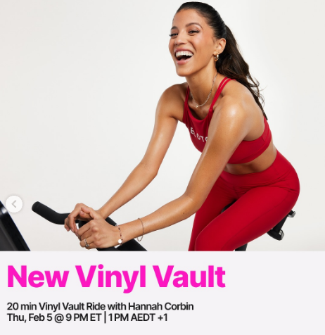 Hannah Corbin has a live 20 minute Vinyl Vault Ride this week. Image credit Peloton social media.