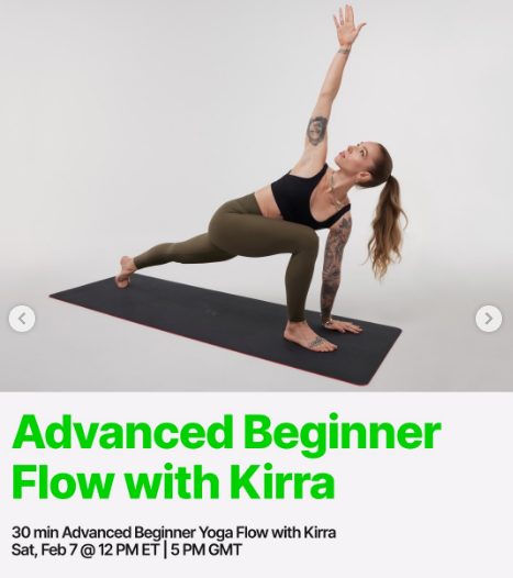 Kirra has an Advanced Beginner Yoga Flow this week. Image credit Peloton social media.
