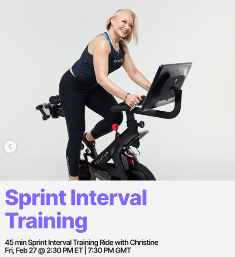 Christine has a live 45 minute Sprint Interval Training Ride this week. Image credit Peloton social media.
