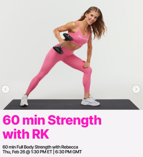 Rebecca has a live 60 minute Full Body Strength class this week. Image credit Peloton social media.