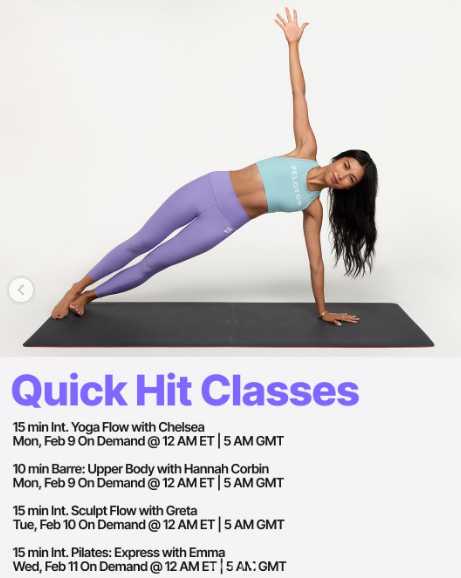 Peloton will have new 10 and 15 minute classes drop on demand this week. Image credit Peloton social media.