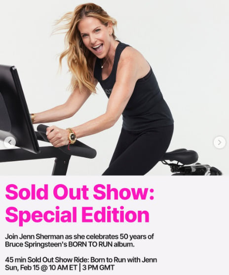 Jenn will teach a 45 minute Sold Out Show Ride: Born to Run edition on February 15, 2026. Image credit Peloton social media.