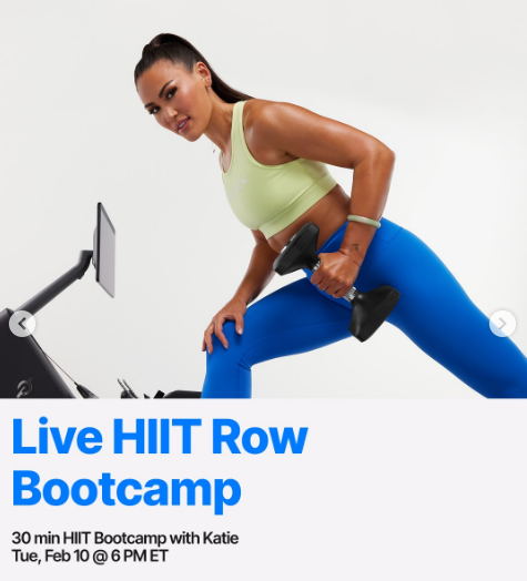 Katie will teach a live 30 minute HIIT Row Bootcamp this week. Image credit Peloton social media.