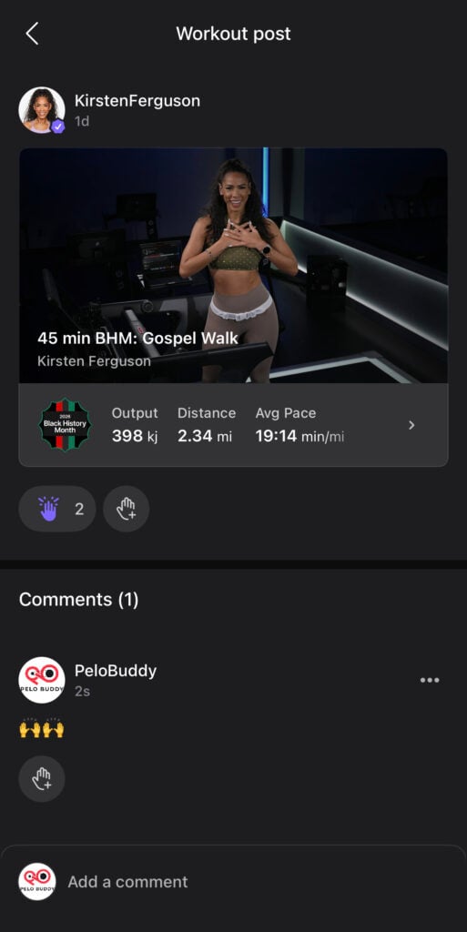 Leaving a comment on a completed workout in your feed in the Peloton app.