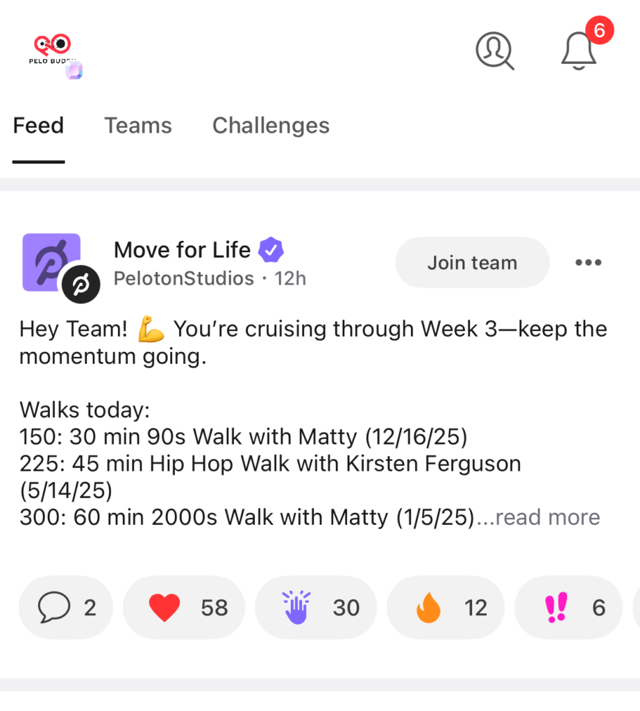 A comment from an official Peloton team shown in the general feed.
