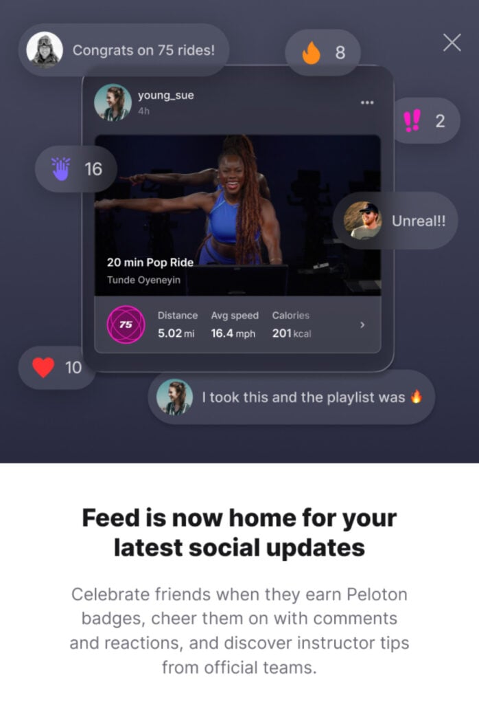 Notification in the Peloton app about feed updates & features.