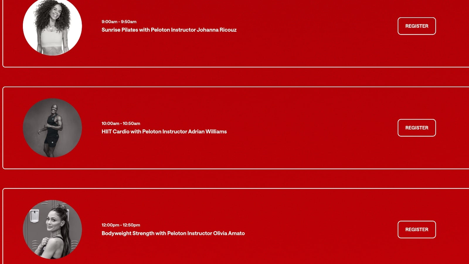 lululemon Studio Yet schedule showing classes with Johanna Ricouz, Adrian Williams, and Olivia Amato.