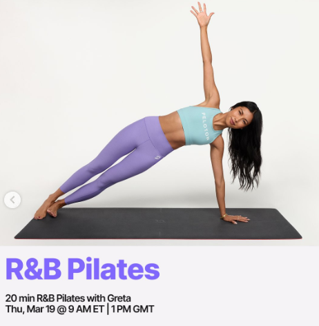 Greta will have a live R&B Pilates class this week. Image credit Peloton social media.