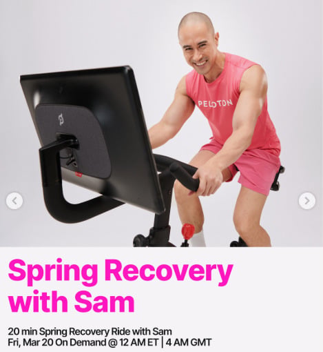 Sam will have a Spring Recovery Ride on demand this week. Image credit Peloton social media.