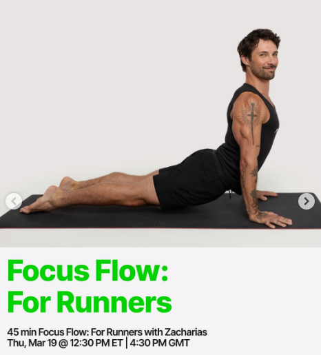 Zacharias will have a live Runners' Focus Flow this week. Image credit Peloton social media.