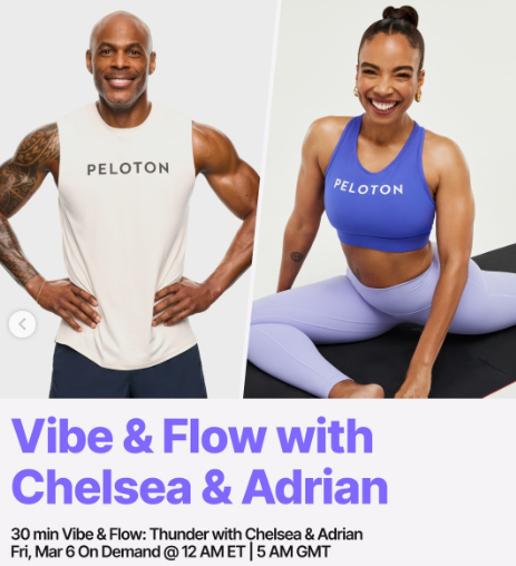 A new Vibe & Flow: Thunder with Chelsea and Adrian drops on demand this week. Image credit Peloton social media.