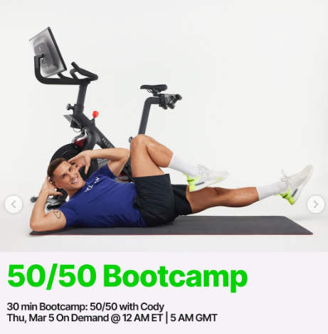 A new 50/50 Bike Bootcamp from Cody drops on demand this week. Image credit Peloton social media.