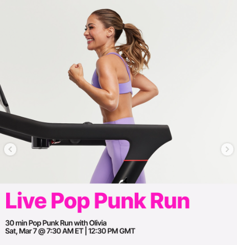 Olivia will teach a live Pop Punk Run this week. Image credit Peloton social media.