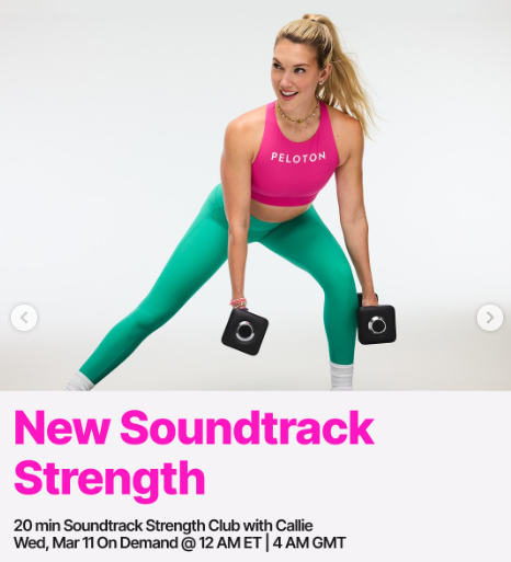 A new Soundtrack Strength Club with Callie drops on demand this week. Image credit Peloton social media.