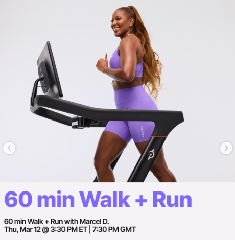 Marcel D. has a live 60 minute Walk + Run this week. Image credit Peloton social media.
