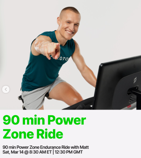 Matt has a live 90 minute Power Zone Ride this week. Image credit Peloton social media.