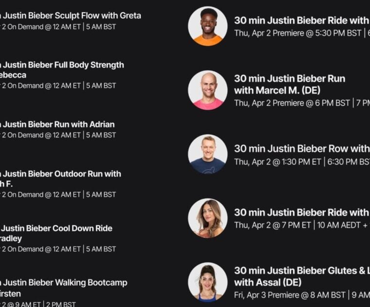 Peloton's Justin Bieber artist series classes for 2026