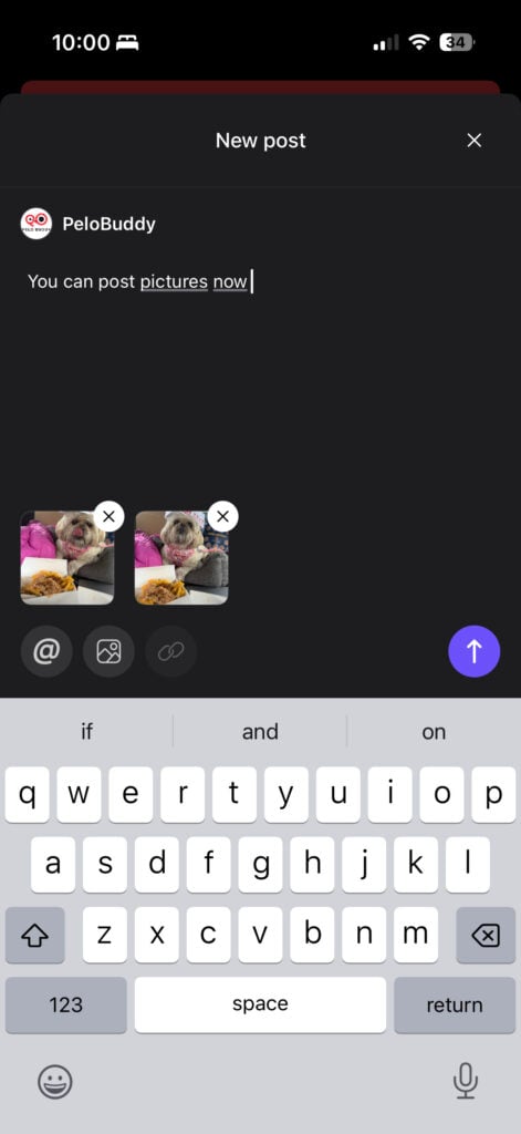 Teams feature in Peloton app now showing photo preview before posting.