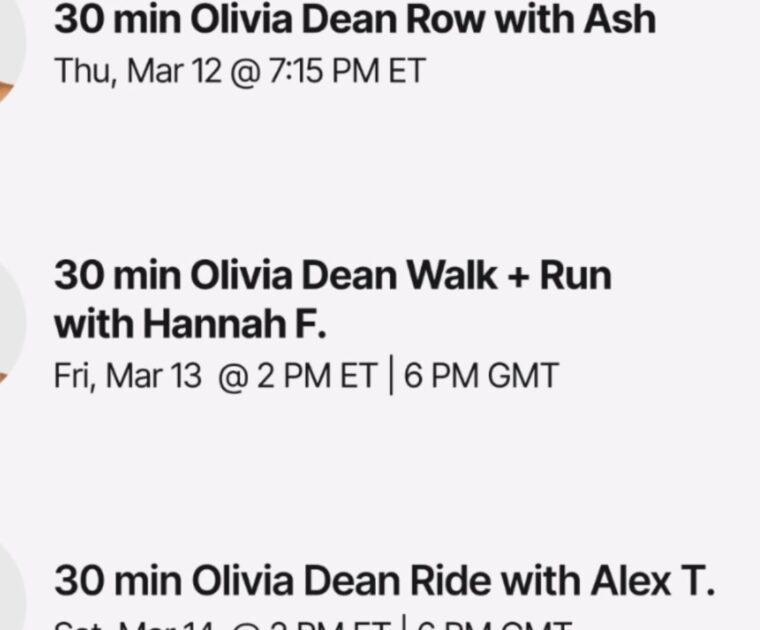 Peloton's Olivia Dean class list. Image credit Peloton social media.