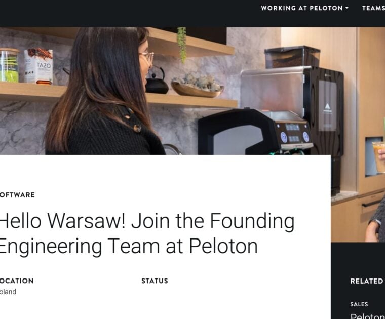 Peloton Careers page highlighting Warsaw engineering team.