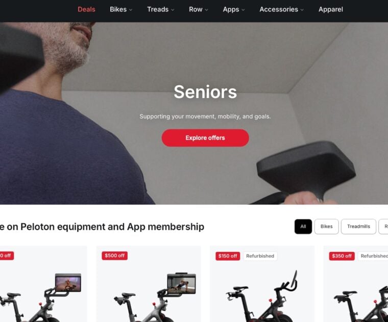 Peloton Special Pricing page showing discounts for seniors.